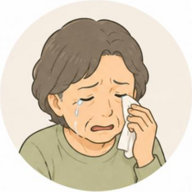 ハンカチで涙を拭う高齢女性のイラスト