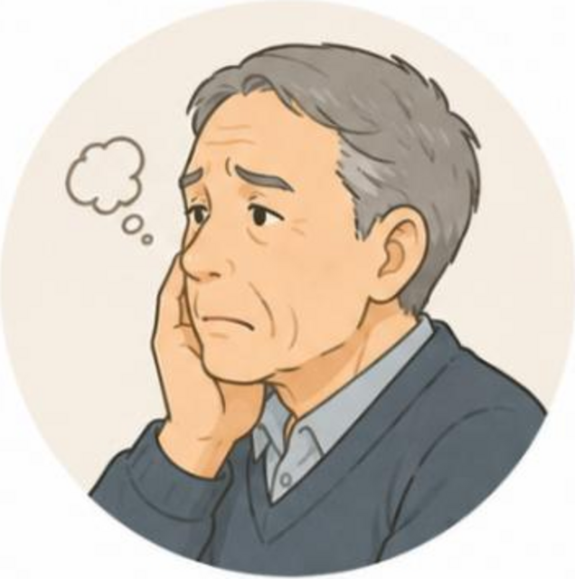 頬に手を当てて考え込む高齢男性のイラスト