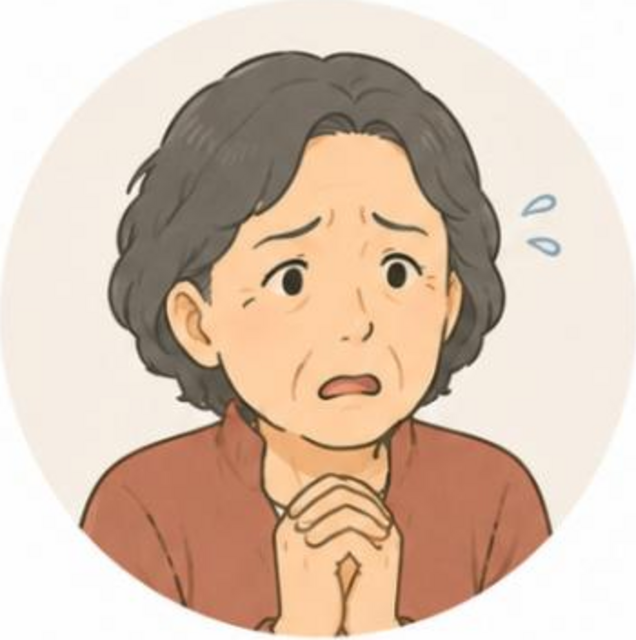 手を組んで心配そうな高齢女性のイラスト